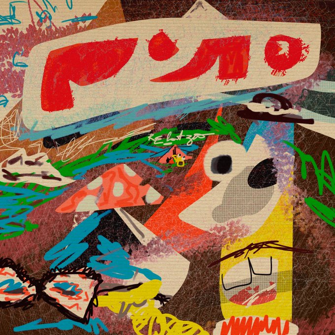 A vibrant, chaotic graffiti-style artwork features bold red 'NIMO' lettering, abstract shapes, scribbles, and a cartoonish yellow face with a wide smile, all rendered in a layered, street art aesthetic.