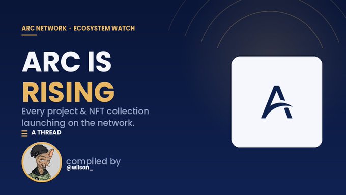 A graphic for "ARC Network Ecosystem Watch" with the bold heading "ARC IS RISING" highlights that every project and NFT collection launching on the network is being tracked in a thread compiled by @wilson_. The image ties directly to the upcoming ARC mainnet launch by previewing the compiled list of new projects.