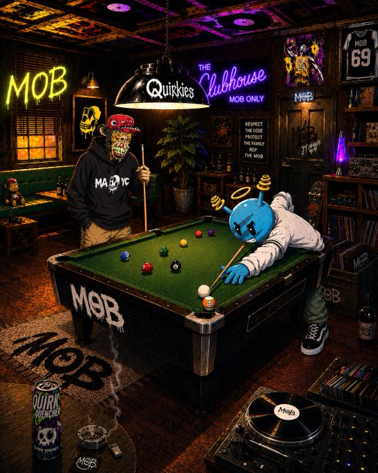 A stylized neon-lit 'Quirkies Clubhouse MOB ONLY' digital artwork depicting a gorilla in a red cap and a blue emoji character playing pool, surrounded by MOB branding, a turntable, and beer cans.