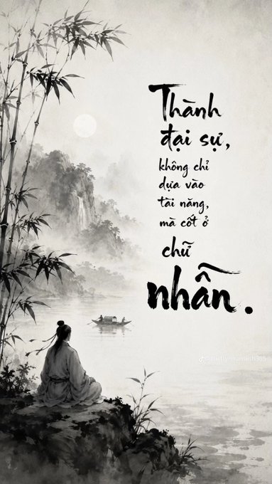 A serene black-and-white ink painting shows a figure meditating by misty waters with bamboo and a distant boat, accompanied by the Vietnamese phrase "Thành đại sự, không chỉ dựa vào tài năng, mà cốt ở chữ nhẫn" (Great achievements depend not only on talent, but on patience)—reflecting the post's calm "goodnight" wish.