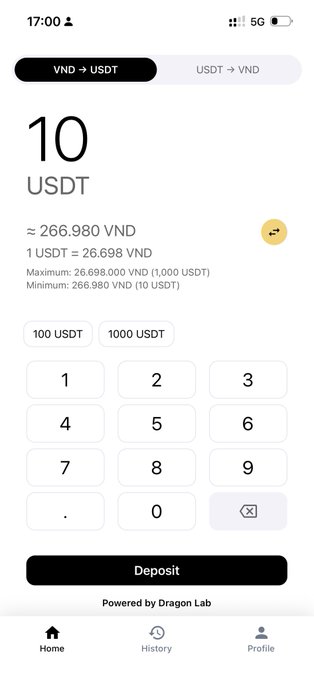 A mobile app interface for converting USDT to VND, showing 10 USDT equals approximately 266,980 VND with a rate of 1 USDT = 26,698 VND, including a numeric keypad, deposit button, and tabs for Home, History, and Profile, illustrating a digital asset conversion process relevant to Vietnam's upcoming digital asset tax regulations effective July 1, 2026.