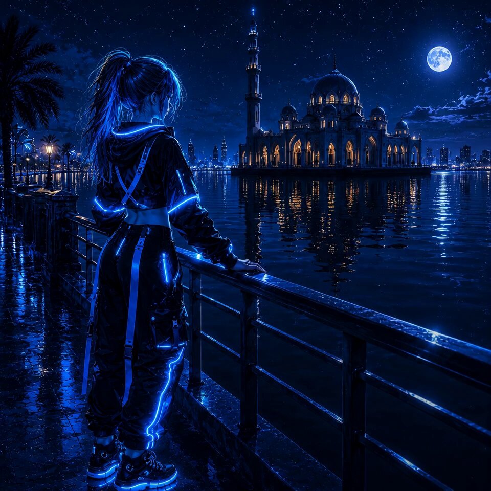 The image features a woman standing near a railing overlooking a body of water at night. She appears to be wearing blue neon clothing, which adds a unique touch to her appearance. The scene takes place next to a mosque with a large dome, creating an interesting contrast between modern city life and traditional architecture. The image also includes the text "Good night frens Bitcoin still refusing to be boring. Solana still being Solana NFTs still teaching me patience... apparently that'S the utility... Anyway, logging off for today. See you tomorrow for another episode of ". This suggests a connection between the woman's neon clothing and the Bitcoin statement in the image, possibly indicating her interest in cryptocurrency or her desire to stand out from the crowd.