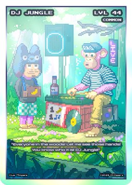A pixel-art style NFT card titled 'DJ_JUNGLE' (LVL 44 COMMON) depicting two monkeys in a jungle setting with DJ equipment, captioned 'Everyone in the woods! Let me see those hands! You know who it is DJ Jungle'.