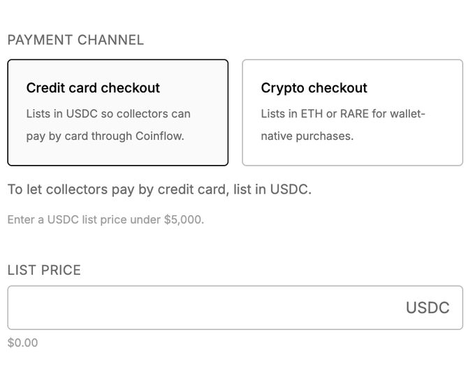 The image shows a payment page for an art gallery that supports both credit card payments and Apple Pay/Google Pay options, as well as USDC transactions. The gallery allows collectors to pay for artwork by listing the work in USDC, enabling them to choose between paying with a credit or debit card at checkout. This feature is designed to make it easier for artists to receive payment from buyers while also providing flexibility and convenience for both parties involved in the transaction.