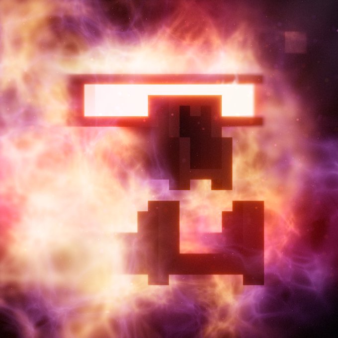 A pixelated dark figure stands against a vibrant, fiery cosmic background of pink, orange, and purple nebula-like colors.