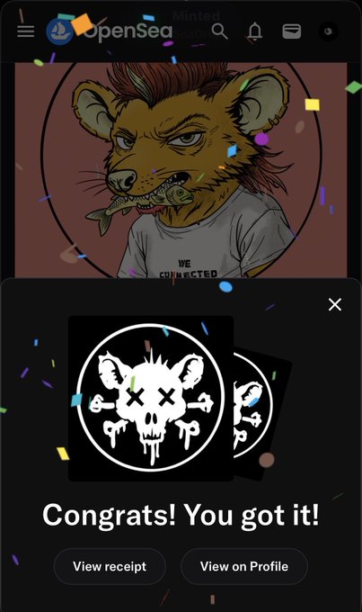 An OpenSea NFT transaction confirmation screen shows a cartoon rat character artwork in the background with a pop-up displaying a skull logo and the text 'Congrats! You got it!'