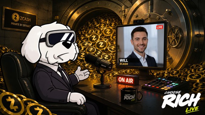 A cartoon white dog in sunglasses and a suit hosts "Choose Rich Live" from a vault filled with gold ZCash coins, broadcasting on a monitor displaying "Will ZCash LIVE" to discuss ZCash investment strategy.