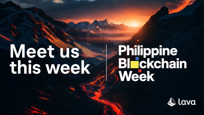 The image features a large mountain with a lava flow running down its center. The text "Meet us this week" is written above the lava flow, while the phrase "Lava's BD team will be at Philippine Blockchain Week ( @philippinebc_wk ) this week." is below it. This suggests that the post is related to the Lava cryptocurrency and the upcoming Philippine Blockchain Week event. The image serves as a visual representation of the volcanic activity in the area, which could symbolize the growth and innovation happening within the cryptocurrency world during this week's event.