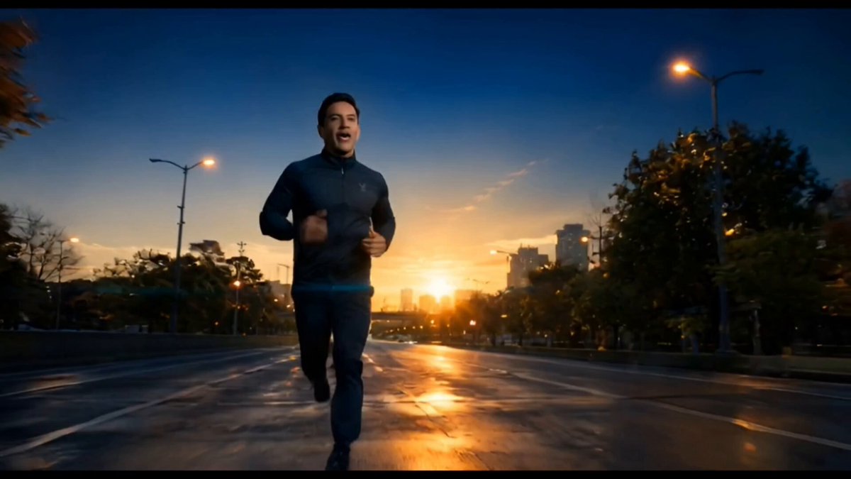 The image shows a man running down a street at sunset. The setting sun casts a warm glow over the scene as the city lights twinkle in the background, creating an atmosphere of tranquility and beauty. The man appears to be enjoying his run, possibly taking advantage of the cooler evening temperatures or simply relishing the serenity of the moment.