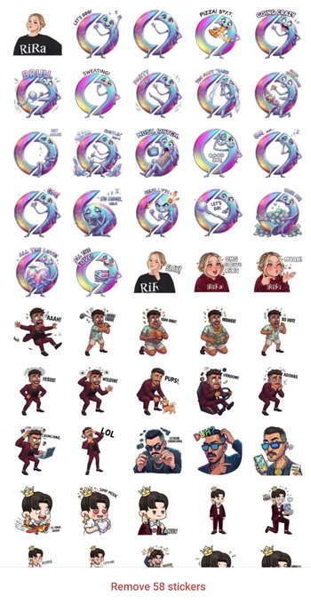 A screenshot of a Telegram sticker pack featuring various cartoon characters, including a 'Good Luck' dolphin and a dancing man in a suit, with the text 'Remove 58 stickers' at the bottom.