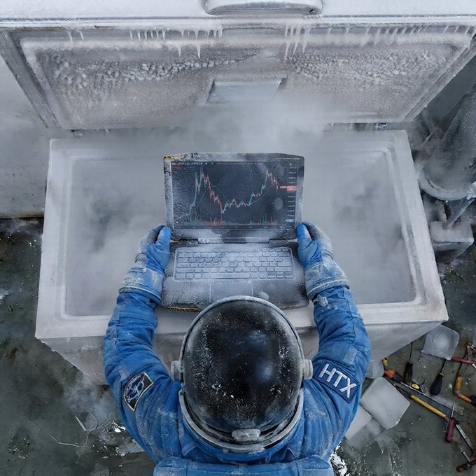 An astronaut in a blue suit marked "HTX" sits inside a frosty, steaming cryogenic container, typing on a frost-covered laptop displaying a financial chart with red and green candlestick patterns, humorously demonstrating an extreme "cooling system" that has frozen the entire workspace.