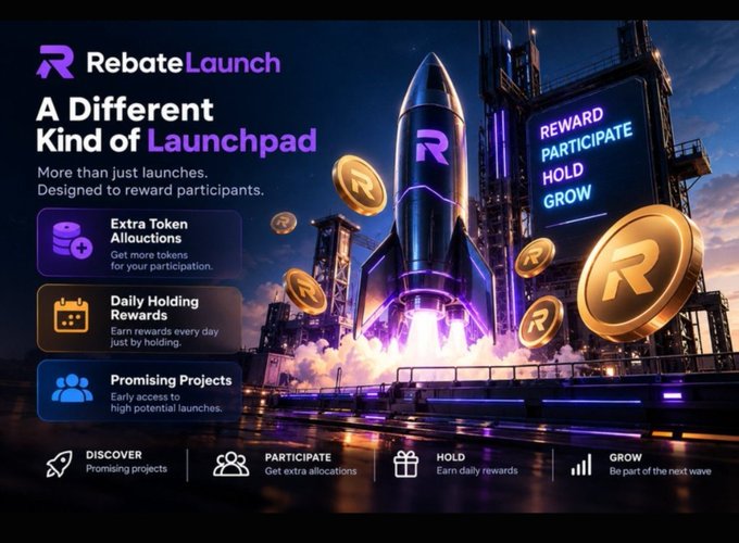 A dark promotional graphic for “RebateLaunch” shows a rocket, glowing “R” tokens, and the headline “A Different Kind of Launchpad.” Additional text includes “Extra Token Allowances,” “Daily Holding Rewards,” “Promising Projects,” “REWARD PARTICIPATE HOLD GROW,” and “DISCOVER PARTICIPATE HOLD GROW.”