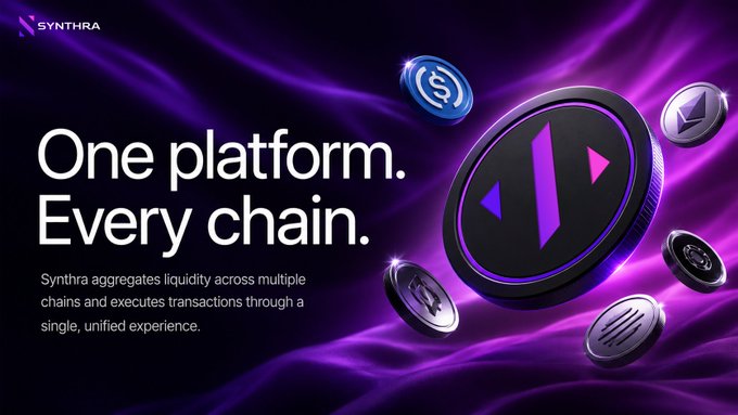 Synthra promotional banner reading 'One platform. Every chain.' with the Synthra logo and floating cryptocurrency coins including USDC and Ethereum.