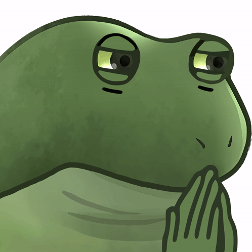 A cartoon illustration of a green frog-like character with droopy eyes, looking contemplative or skeptical with its hand raised near its face.