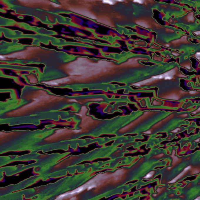 Abstract distorted image featuring wavy, swirling patterns in green, brown, and dark purple colors creating a rippled, liquid-like visual effect.