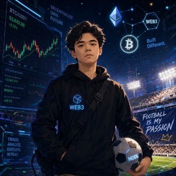 A young man wearing a black "WEB3" hoodie holds a soccer ball on a stadium field, with a crypto-themed backdrop displaying "53,936/283.92," "-3.9%," "Bitcoin," "Web3," and "Built Different." The image ties to the post as a stylized "Muse" AI-generated version created via Kite Agent Passport, with the small Kite logo on the hoodie featured as the giveaway for the contest entry.