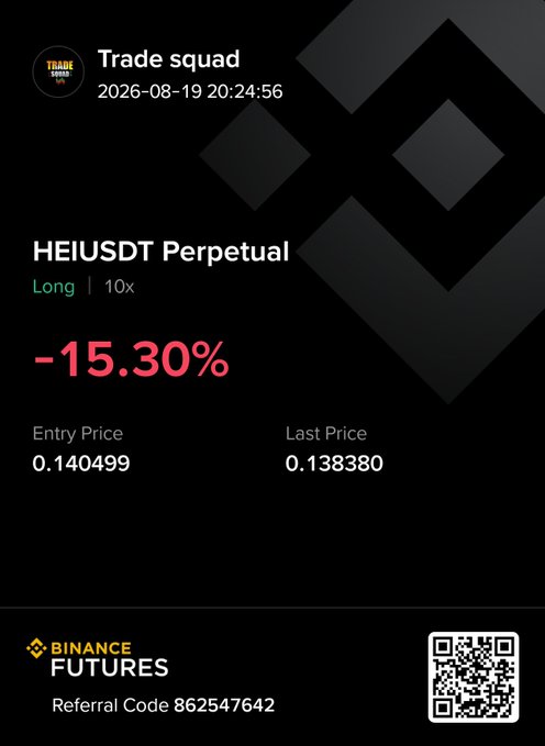 A Binance Futures trading screenshot showing a 'HEIUSDT Perpetual' Long position with 10x leverage at -15.30%, entry price 0.140499, last price 0.138380, dated 2026-08-19.