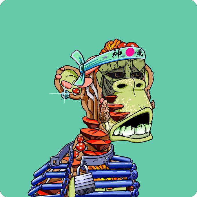 The image features a cartoon monkey with a blue headband, wearing a necklace, and holding a keychain. The monkey appears to be wearing a helmet that has a red circle on it. The background of the image is green, which contrasts nicely with the monkey's attire. The caption reads "Just bought my first MAYC to join the best club in the world", indicating that the monkey might have recently acquired this unique accessory or item.