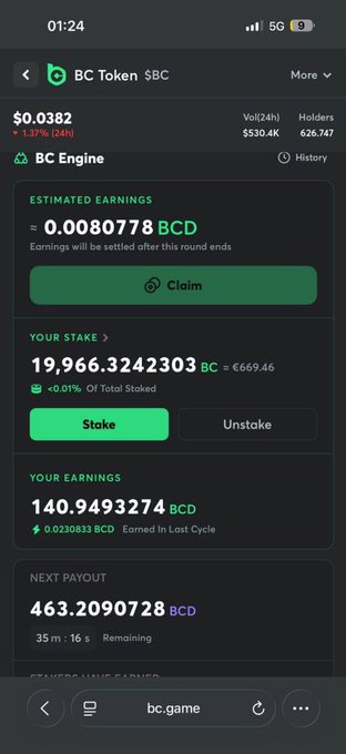 A mobile screenshot of the bc.game website showing BC Token ($BC) details with a price of $0.0382, a BC Engine section with estimated earnings of 0.0080778 BCD, a staked amount of 19,966.3242303 BC, and total earnings of 140.9493274 BCD.