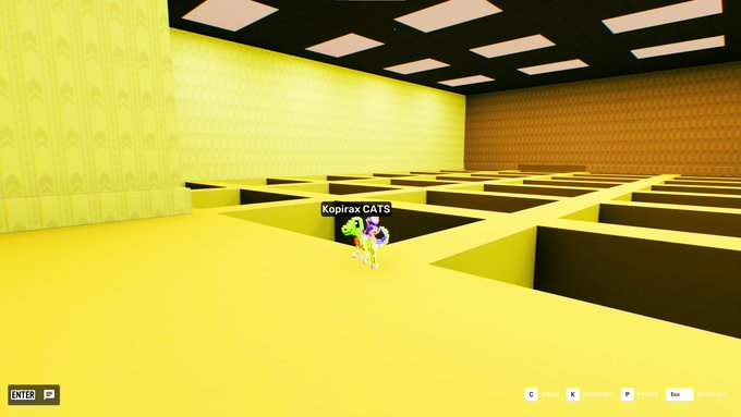 The image shows a room with yellow walls, featuring a large number of cubicles arranged in rows. A person wearing a green shirt can be seen walking through one of these cubicles. The text "JOIN BUBBLE CRYPTO CATS #15" is present on the image, indicating that there are prizes available for those who join the game.