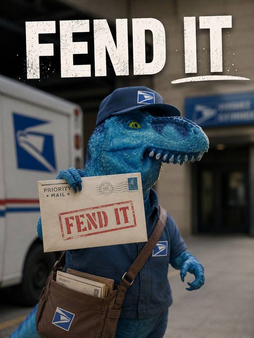 A creative advertisement showing a blue raptor dinosaur dressed as a USPS postal worker holding a priority mail envelope stamped with 'FEND IT' next to a mail truck.