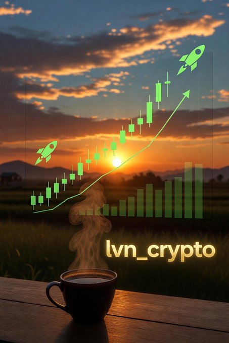 A cup of steaming coffee on a wooden table set against a sunset field, overlaid with a green candlestick chart showing upward growth, rocket icons, and the text 'lvn_crypto'.