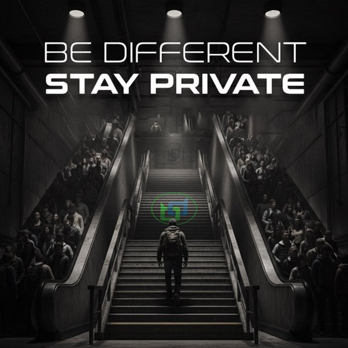 A black and white motivational image with the text 'BE DIFFERENT STAY PRIVATE,' showing a lone figure walking up a staircase while crowds descend on parallel escalators.
