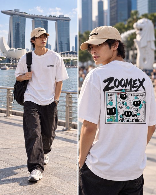 A young man poses in a white "ZOOMEX" graphic tee and cap (front featuring small logo, back displaying a comic-style design with characters and phrases like "Easy to Use," "Transparent," and "Fair") against Singapore's Marina Bay waterfront backdrop including the Merlion and ArtScience Museum, likely accompanying a social media engagement post asking followers to choose between two options for a $50 USDT reward.