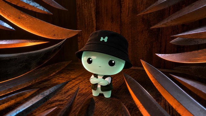 A 3D-rendered illustration of a small, glowing teal cartoon character wearing a black bucket hat and vest, standing with crossed arms surrounded by sharp, curved metallic blades pointing inward.