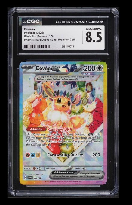 A CGC (Certified Guaranty Company) graded Pokémon trading card. It is an Eevee ex card (Black Star Promos - 174) from Prismatic Evolutions, graded NM/MINT+ 8.5.