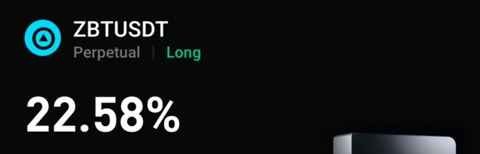A trading interface showing ZBTUSDT Perpetual Long with a 22.58% gain.