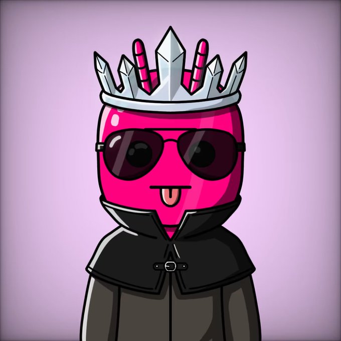Cartoon character illustration of a pink/cyan figure wearing a silver crown with pink jewels, aviator sunglasses, and a black cloak, sticking its tongue out against a light purple background.