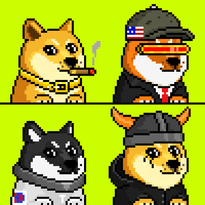 Four pixel-art Shiba Inu dogs in various costumes—a smoking businessman in a gold collar, a suited figure with an American flag cap and red visor, a husky-like dog with a Slovak flag patch, and a Viking-helmeted warrior—are displayed against a bright green background, representing the "MEME Kings" NFT collection referenced in the post about its 0.10 ETH floor price on OpenSea.