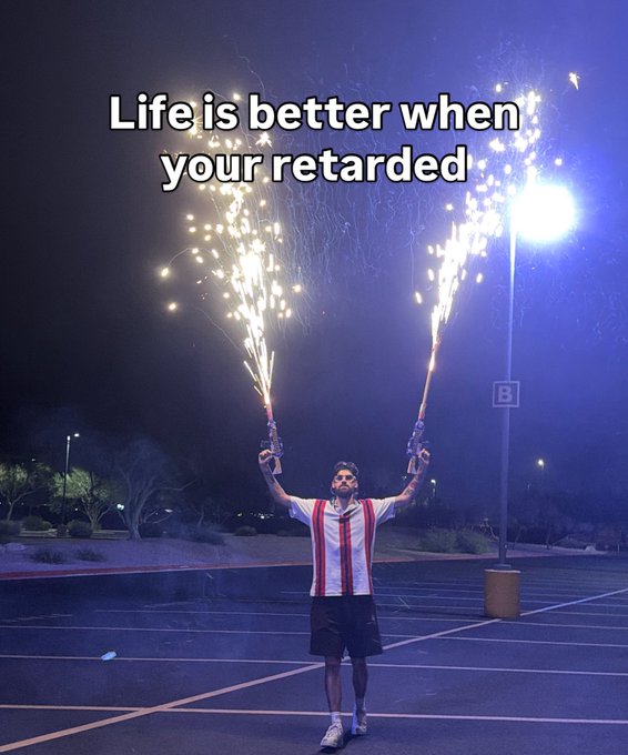A man in a red and white striped shirt stands in a dark parking lot holding sparklers shooting into the night sky, with the text "Life is better when your retarded" overlaid on the image, juxtaposing a celebratory fireworks-like display with a caption that crudely reinforces the "Solana Summer" crypto hype with mocking humor.