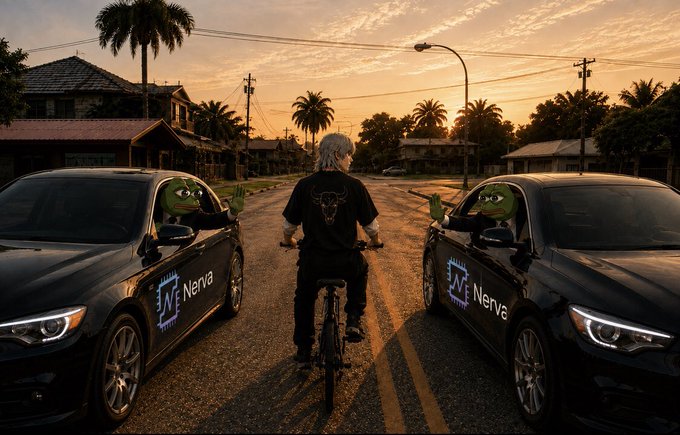 A person on a bicycle rides between two black cars branded with 'Nerve' logos and featuring Pepe the Frog characters making peace signs from the windows at sunset.