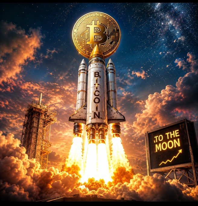 A digital artwork of a rocket launching with the word 'BITCOIN' on its side and a large gold Bitcoin coin as the nose cone, accompanied by a 'TO THE MOON' sign with an upward trending arrow.