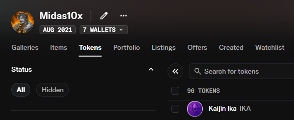 A screenshot of an OpenSea profile page for user 'Midas10x' with '7 WALLETS' and '96 TOKENS', highlighting a token named 'Kaijin Ika IKA'.