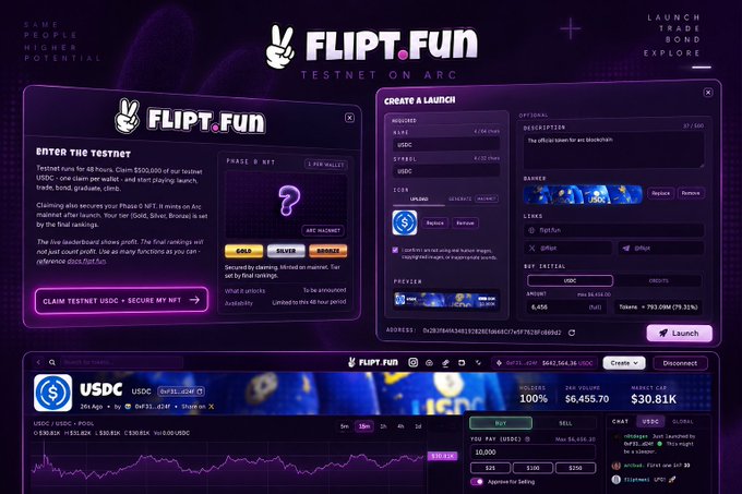 A purple-themed promotional screenshot for 'FLIPT.FUN Testnet on ARC' showing token claiming instructions and a launch creation interface for meme coins.