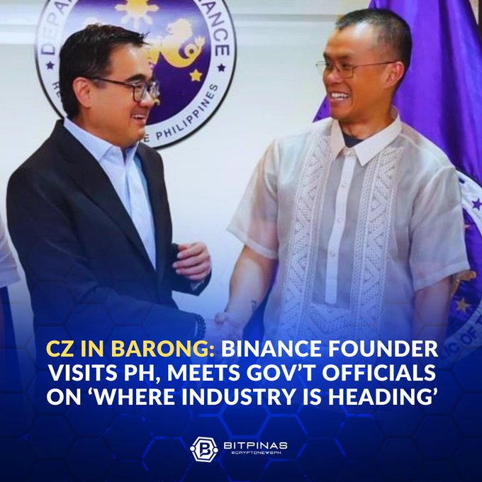 The image shows Binance founder Changpeng Zhao (CZ) wearing a traditional Filipino Barong Tagalog while shaking hands with a Philippine government official, with text overlay reading "CZ IN BARONG: BINANCE FOUNDER VISITS PH, MEETS GOV'T OFFICIALS ON 'WHERE INDUSTRY IS HEADING'" from BitPinas, illustrating his recent trip to the Philippines for regulatory and governance discussions with local officials and fintech firms like BlockShoals Technologies Inc.