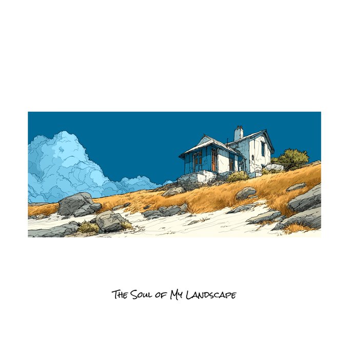 Illustration of a coastal house on a rocky, grassy slope under a deep blue sky, captioned 'The Soul of My Landscape'.