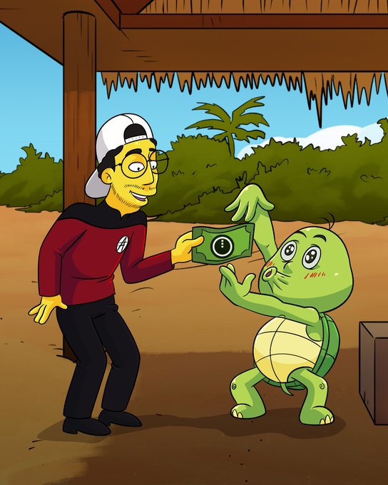 A cartoon image depicts a young man wearing a white cap, glasses, and a red hoodie handing money to an anthropomorphic green turtle under a wooden structure.