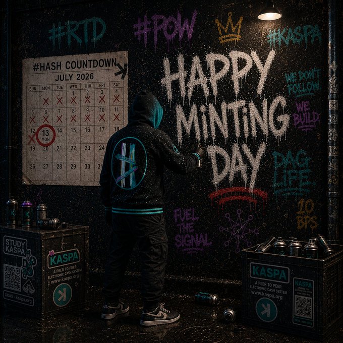 A figure in a hoodie with a Kaspa ("K") logo on the back spray paints a dark wall tagged with "#RTD," "#POW," "#KASPA," "Happy Minting Day," "We Don't Follow, We Build," "DAG Life," "10 BPS," "Fuel the Signal," and "Study Kaspa." Flanking the scene are crates marked "Kaspa" and "Study Kaspa" with QR codes, while a "#Hash Countdown" calendar marks July 13, 2026, visually echoing the post's anticipation of registration opening for the #HASHonKAS mint on the Kaspa network.