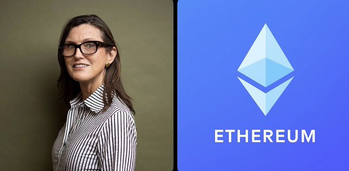 A woman (Cathie Wood) poses for a portrait on the left, while the Ethereum logo and "ETHEREUM" text appear on a blue background on the right, visually pairing the ARK Invest CEO with the blockchain platform her firm is using to tokenize its venture fund.