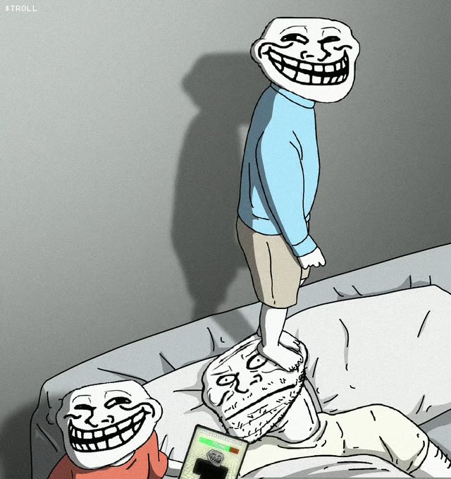 A "trollface" meme character stands triumphantly on a defeated smaller troll face on a bed, while another troll face laughs in the corner and a smartphone displaying "$TROLL" rests nearby—illustrating how the $TROLL token has overwhelmed and "trolled" its viewers.