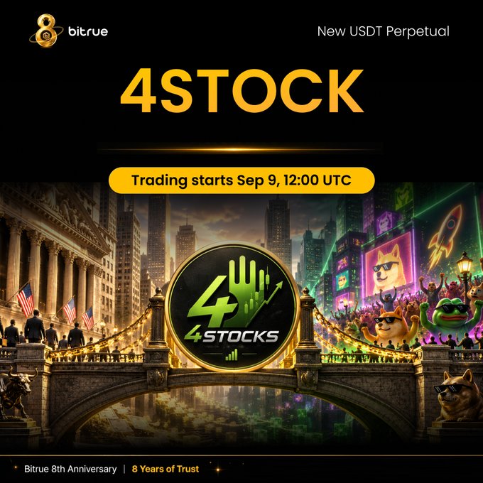 Bitrue announces the launch of 4STOCK USDT Perpetual futures with trading beginning September 9 at 12:00 UTC, featuring up to 10x leverage. The promotional artwork celebrates Bitrue's 8th Anniversary with a golden bridge connecting Wall Street to a meme-themed crypto world, symbolizing the fusion of traditional stocks and meme culture on BNB Chain.