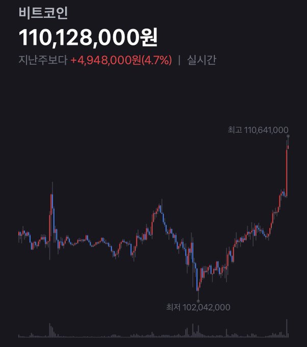 A Korean-language Bitcoin price chart showing 110,128,000원, up +4,948,000원 (4.7%) from the previous day, with a recent high of 110,641,000 and low of 102,042,000.