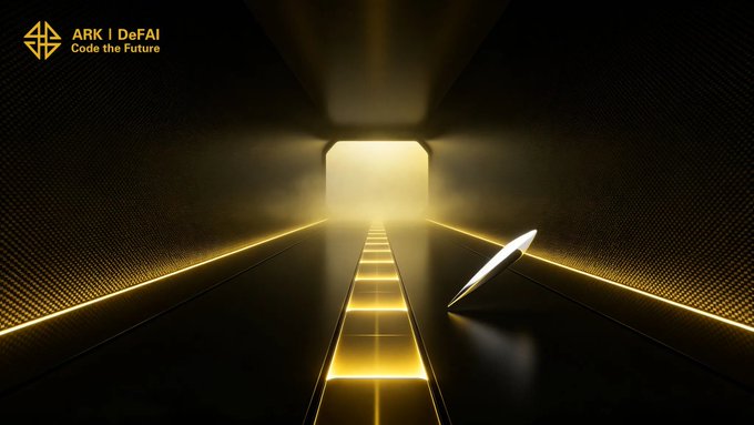 The image features an abstract scene with a long hallway filled with yellow lines that appear to be leading towards a doorway at the end. A white object can be seen near the doorway, possibly a piece of art or a sculpture. The background of the image is black and has a patterned texture, which contrasts with the bright yellow lines in the foreground. The post about Arkie AI App discusses how users can navigate through Web3 using AI Agents to move from idea to action more efficiently and effectively.
