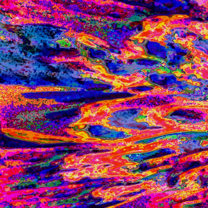 An abstract, colorful image with swirling patterns in vibrant shades of pink, blue, yellow, green, and orange, resembling a psychedelic or thermal imaging effect.
