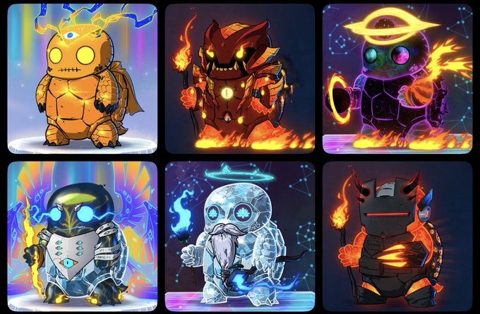 A grid of six stylized, armored characters with glowing eyes and elemental auras, each wielding weapons or surrounded by flames, electricity, and halos in a colorful fantasy art style.