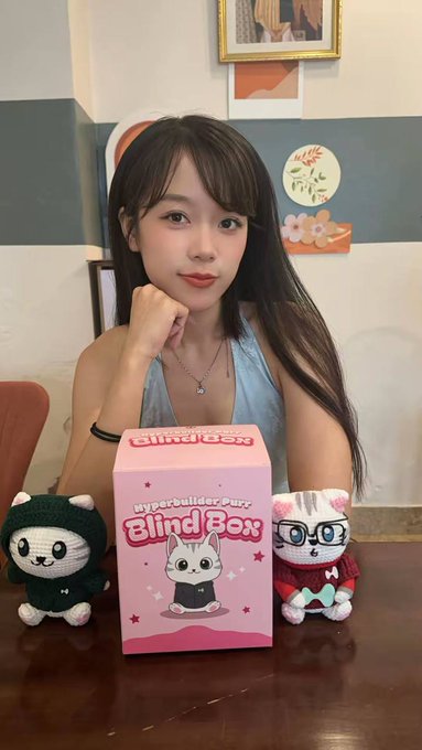 A young woman poses with a pink "Hyperbuilder Purr Blind Box" between two small crocheted cat figures—one in a green hoodie and another wearing glasses—showcasing the collectible items from her Hyperbuilder blind box purchase.